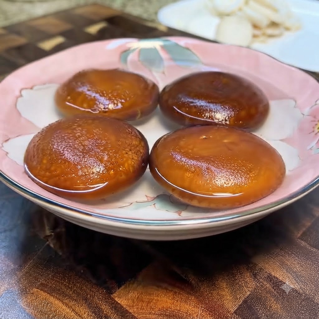 Whole shiitake mushrooms arranged on a pink floral plate with scored patterns on top.