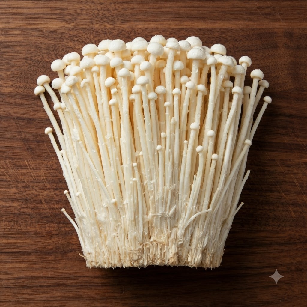A fresh bundle of enoki mushrooms resting on a dark wooden cutting board with trimmed roots.