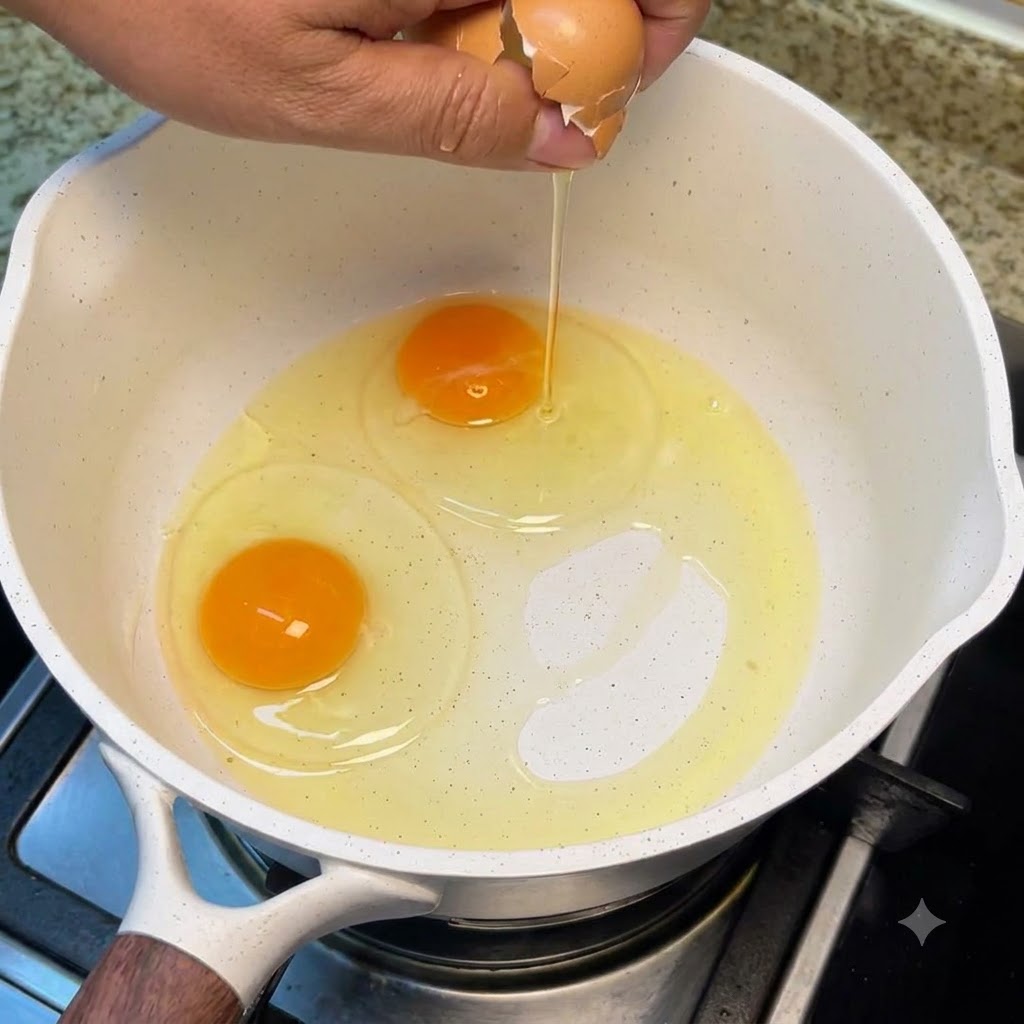 Two whole eggs being cracked into a white pot filled with cooking oil over low heat.