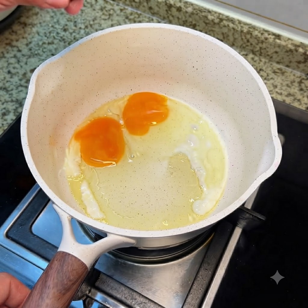 Fried eggs being gently flipped over in a white cooking pot using a pink silicone spatula.