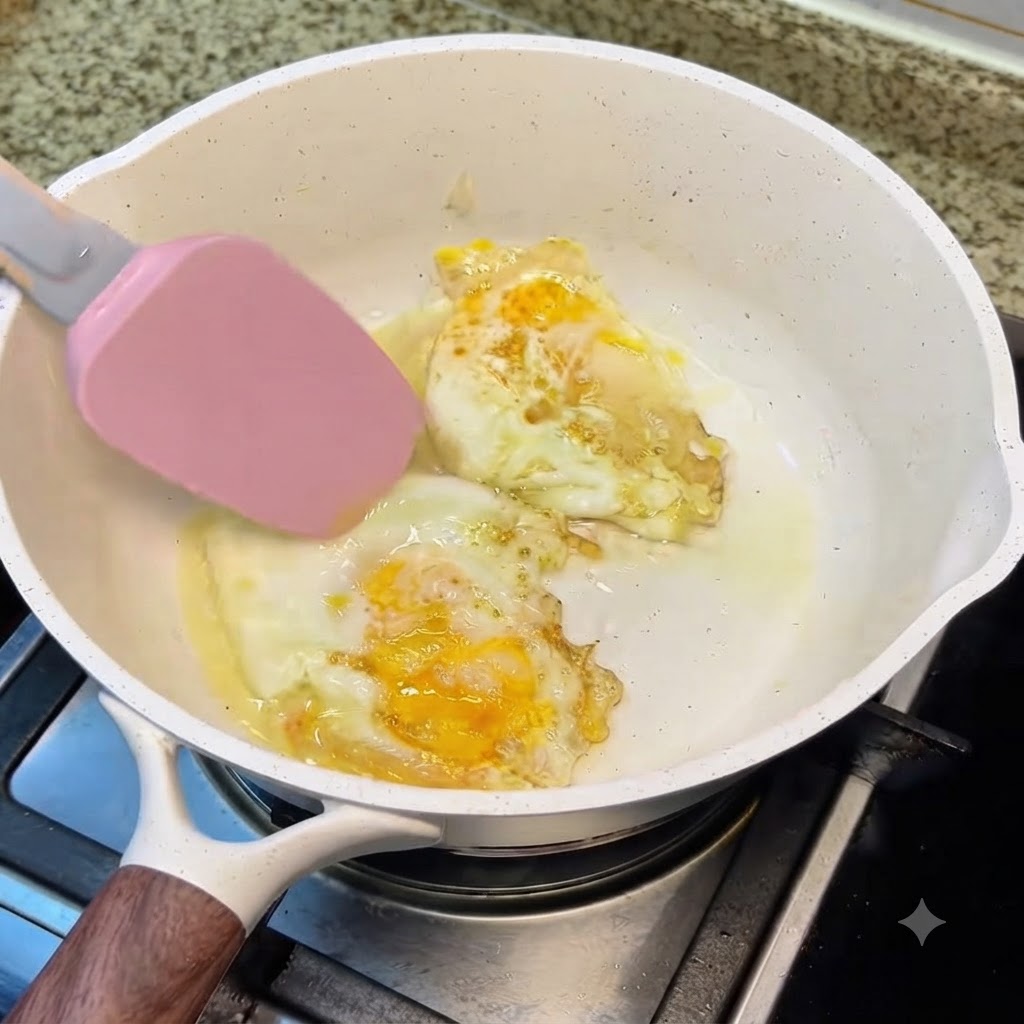Marinated shrimp cooking in the white pot alongside the fried eggs over low heat.