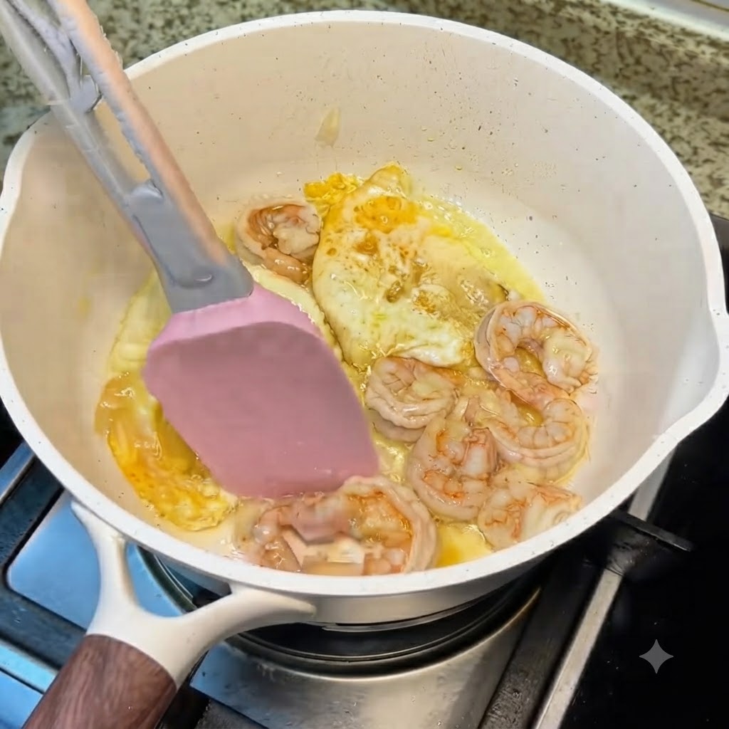 A variety of prepared mushrooms being added into the white pot containing eggs and shrimp.