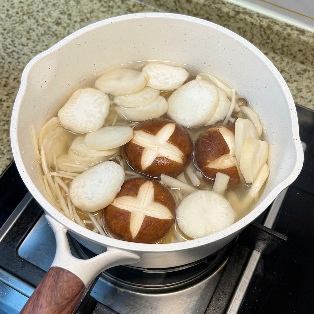 Boiling water being poured from a kettle into a white pot filled with mushrooms, eggs, and shrimp.