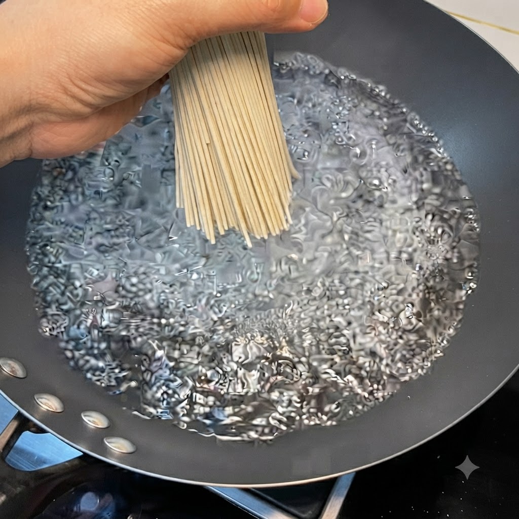 A bundle of dry noodles being lowered into a separate wok of boiling water.