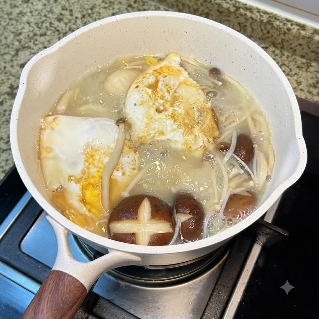 A small spoon adding white salt into the bubbling broth filled with mushrooms and fried eggs inside a white ceramic pot.