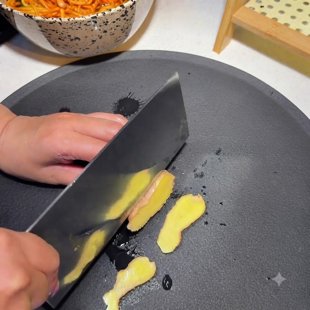Ginger root being sliced into pieces on a black cutting board.