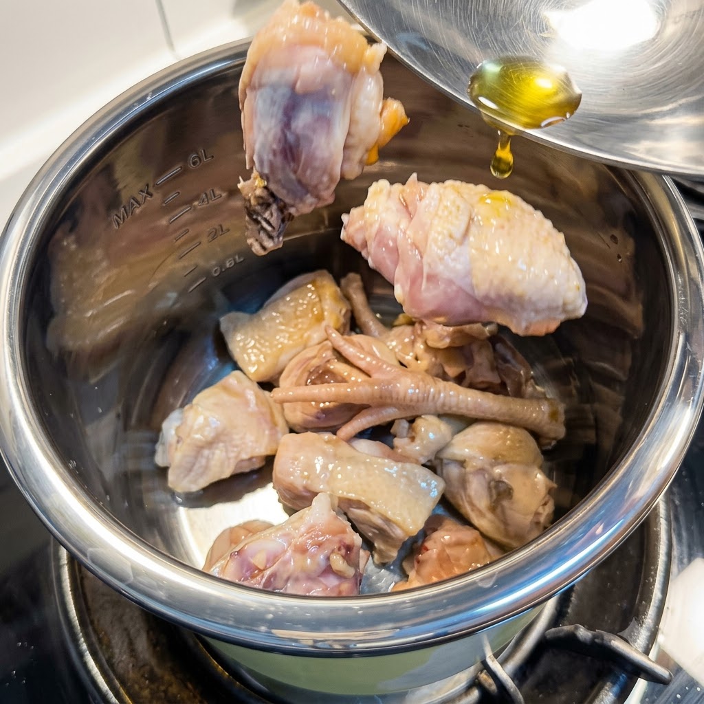 Fried chicken pieces being transferred into a metal cooking pot.