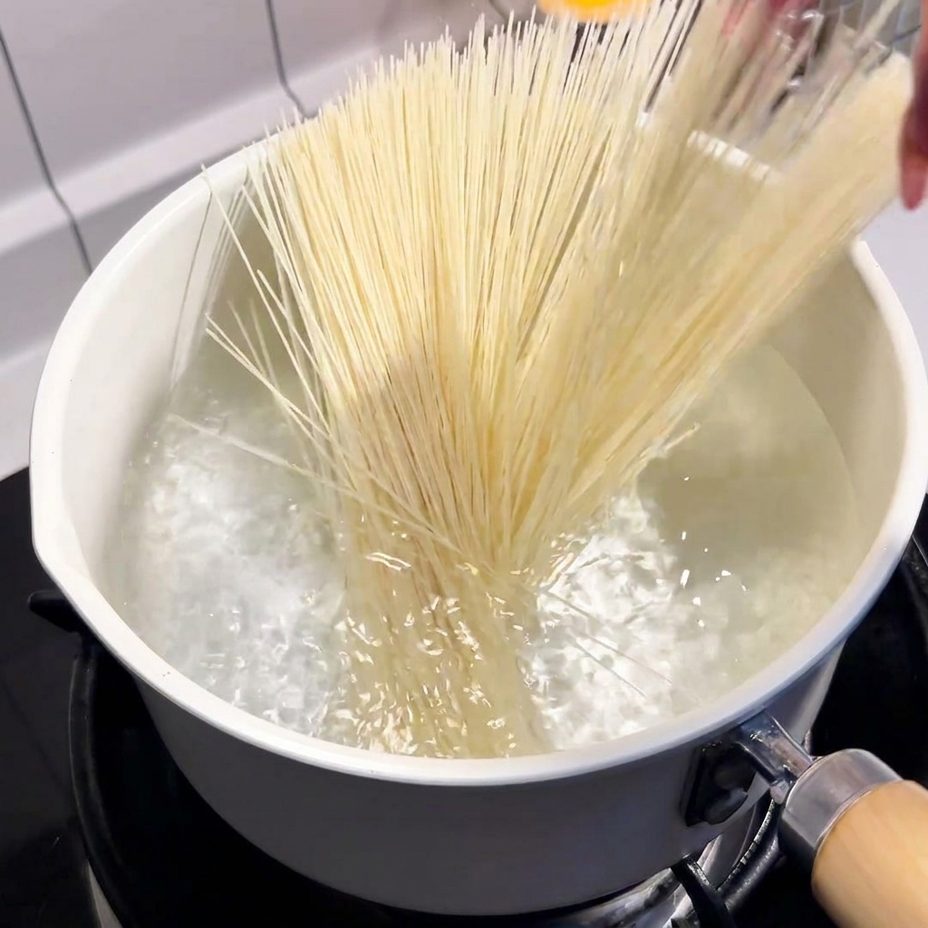 White noodle strands being placed into a pot of boiling water.