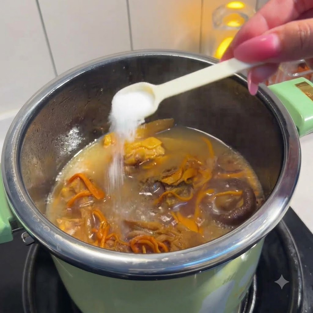 A small white spoon adding salt into a simmering pot of chicken and mushroom soup.
