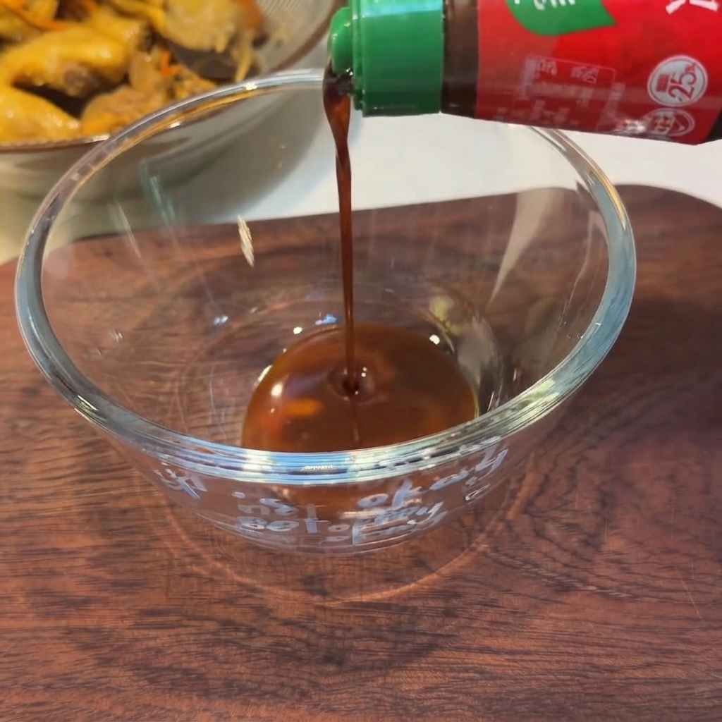 Dark sauce being poured from a green-capped bottle into a clear glass bowl.
