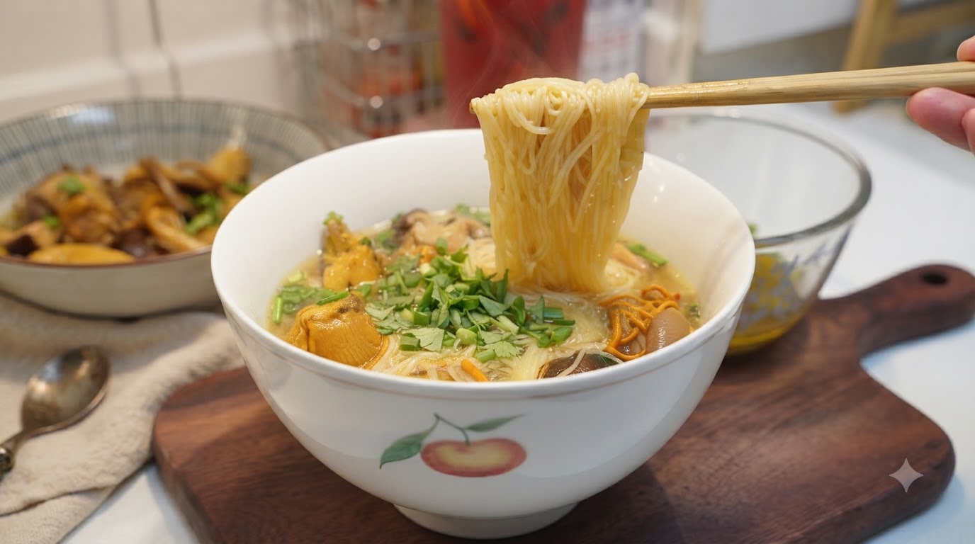 A bowl of mushroom chicken soup noodles garnished with fresh herbs and lifted with chopsticks