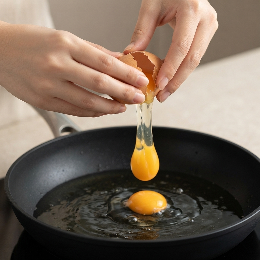 An egg being cracked into a skillet filled with oil.