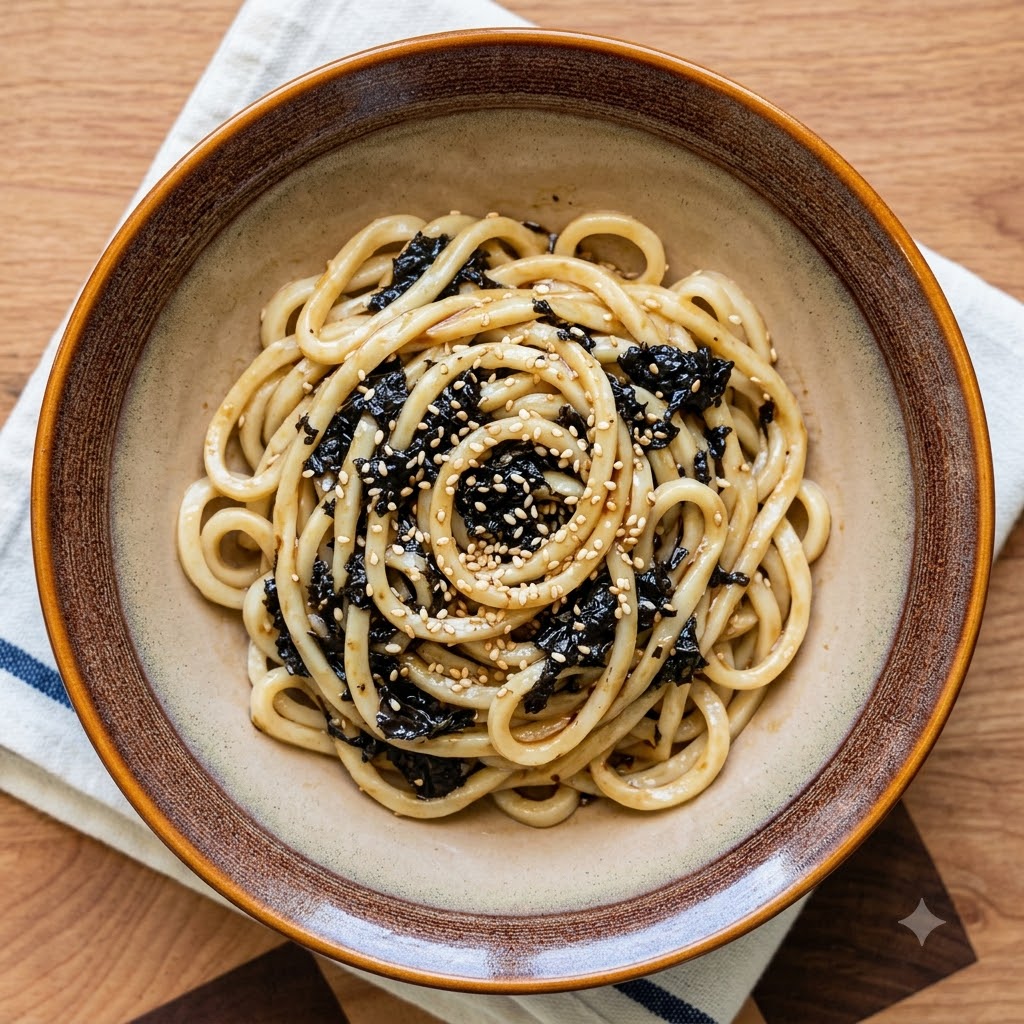 Cooked noodles placed inside a bowl over a base of seaweed and sesame seeds.