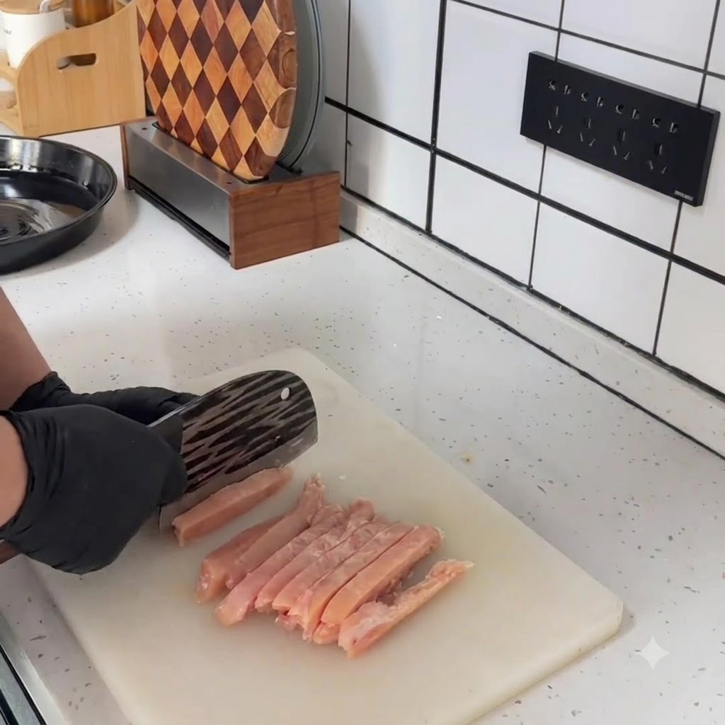 A close-up of small, freshly diced raw chicken cubes neatly arranged on a white cutting board next to a cleaver.