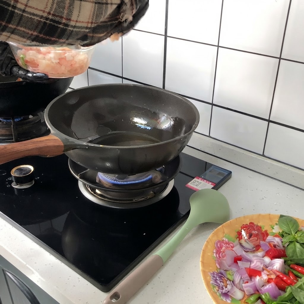 Raw chicken pieces being poured from a clear bowl into a hot, oiled wok sitting on a gas stove.