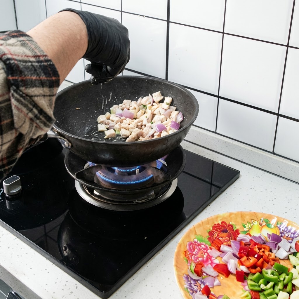 Chicken and onion pieces being stir-fried in a wok with active flames rising from the burner underneath.