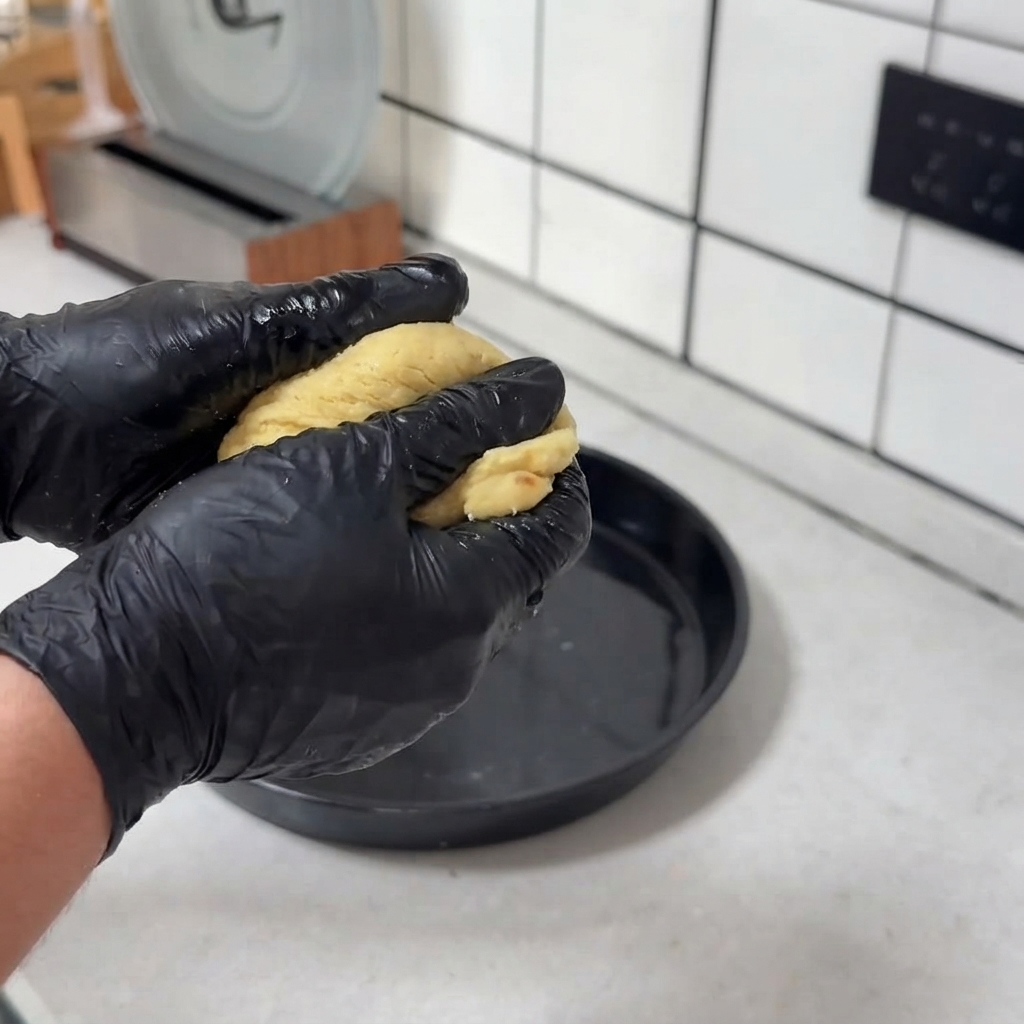 Gloved hands stretching and flattening a ball of yellow pizza dough directly inside a round black pizza baking pan.
