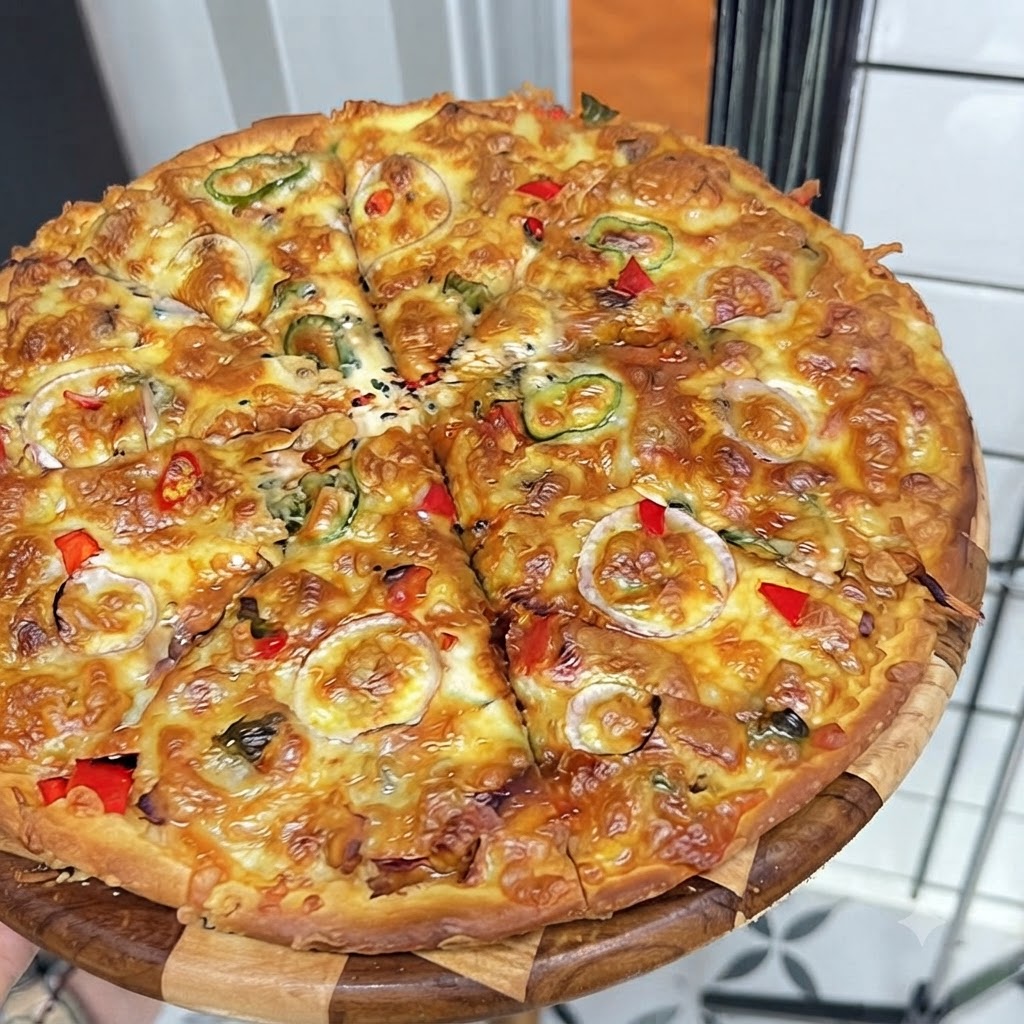 Shredded mozzarella cheese being generously scattered over a baked pizza base covered with chicken and vegetable mixture in a round baking pan.