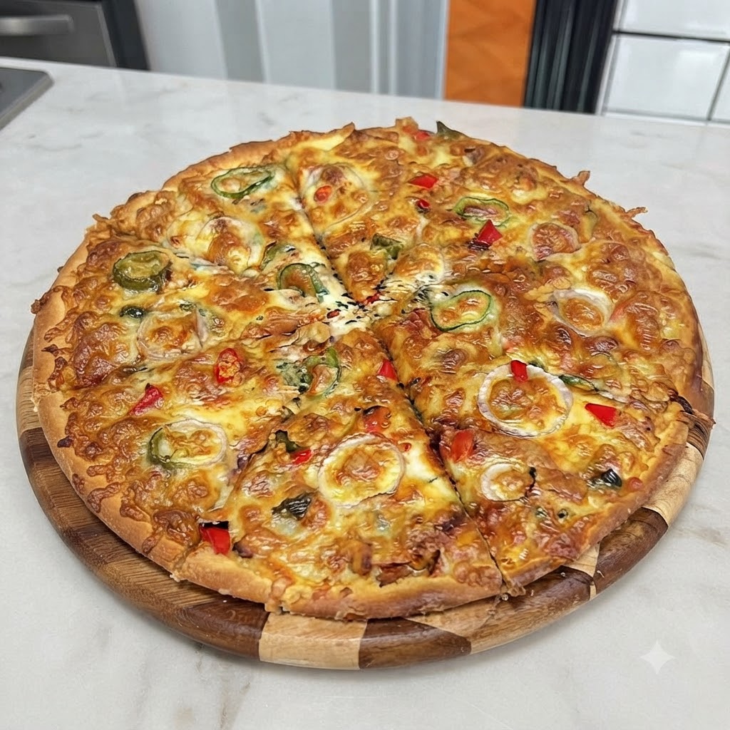 Close-up of sliced purple onion rings and vibrant green jalapeno slices being neatly arranged on top of a cheese-topped pizza.