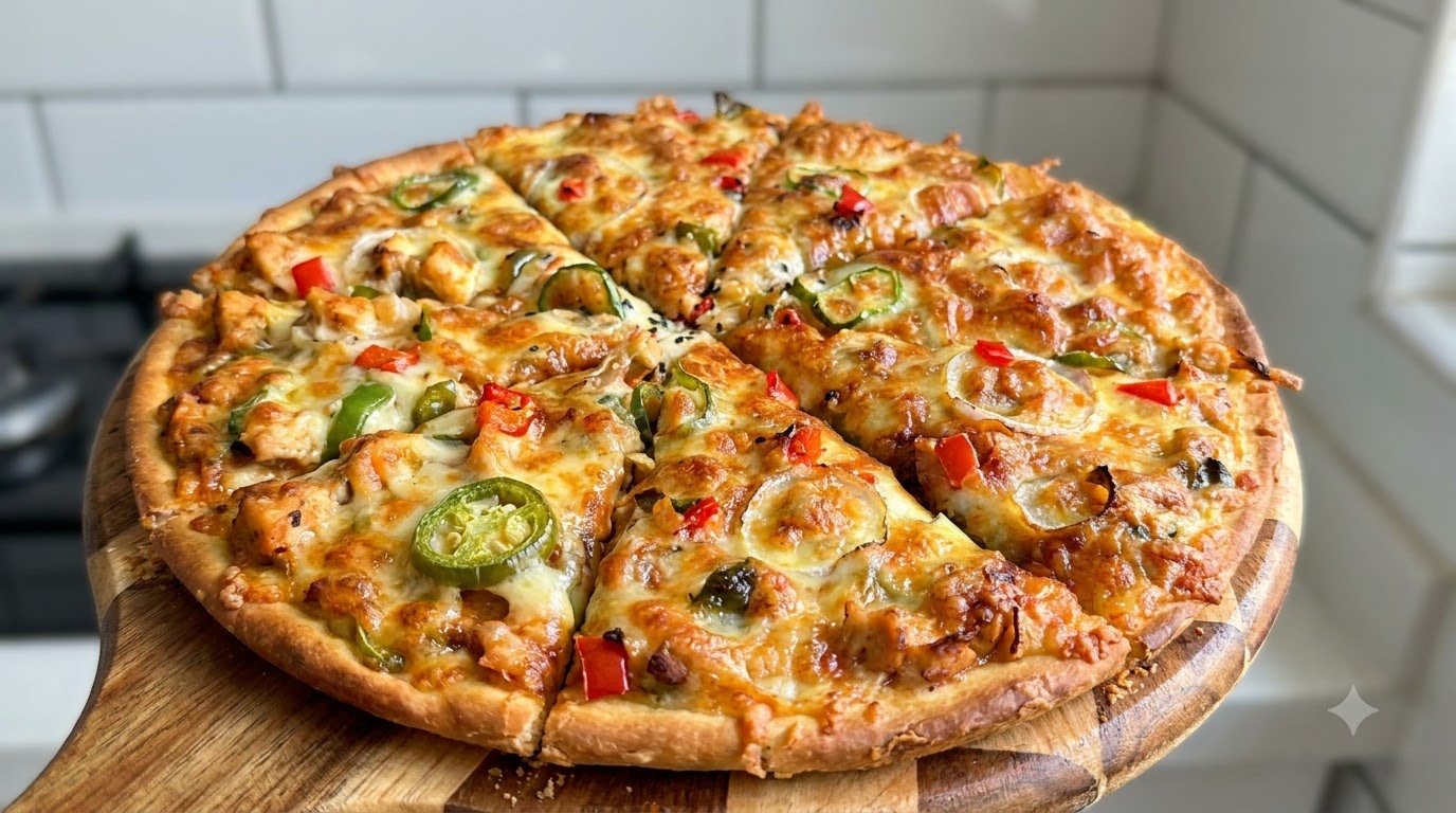 A freshly baked chicken pizza sliced into triangles on a wooden board, topped with melted cheese, bell peppers, and jalapenos
