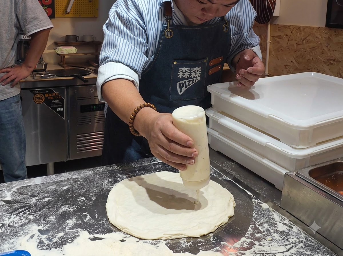 A close-up of a squeeze bottle dispensing salad dressing onto the center of a circular pizza dough laid out on a floured countertop.