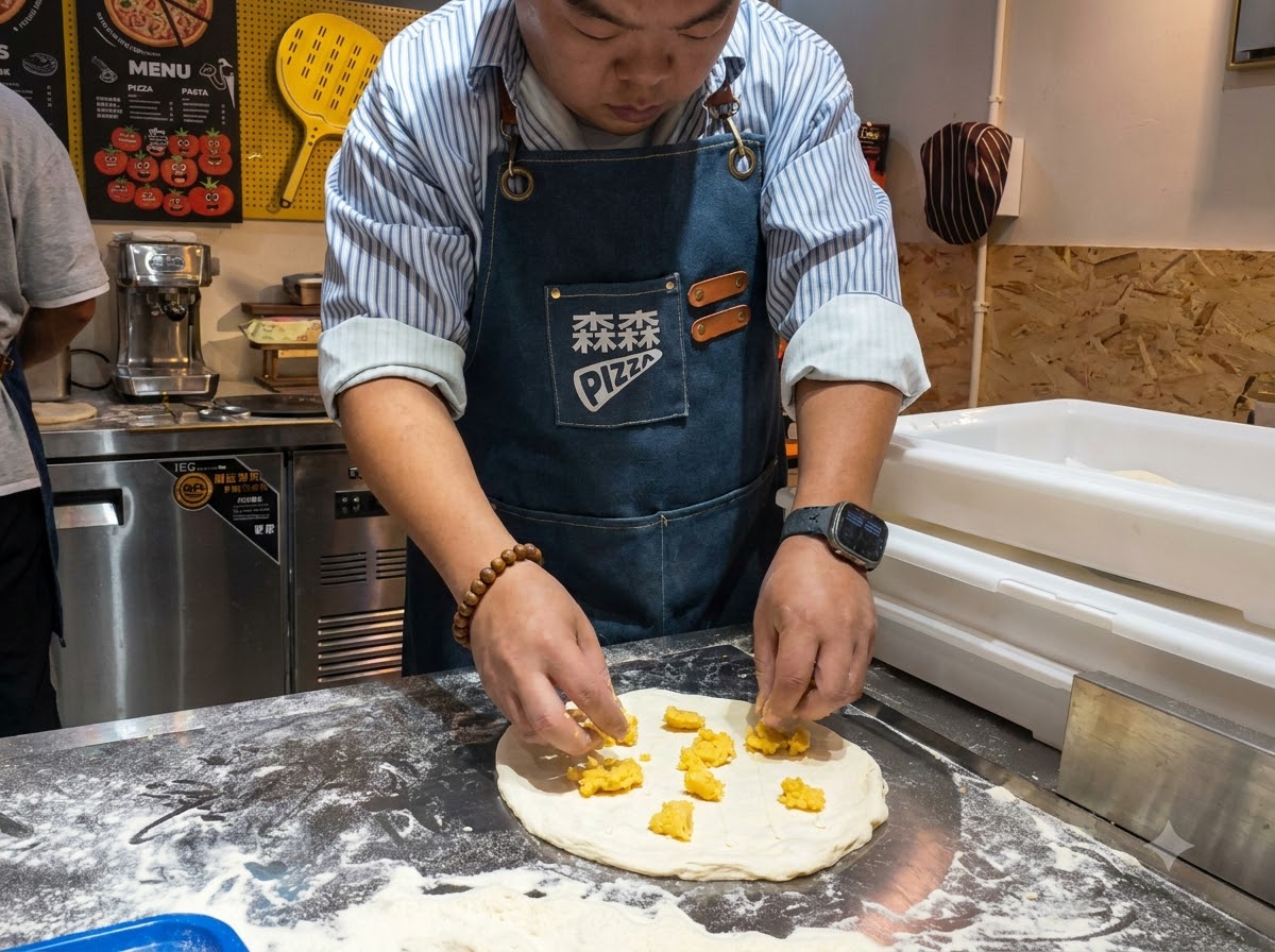 Hands arranging golden-brown fried chicken chunks across the surface of a sauced pizza base.