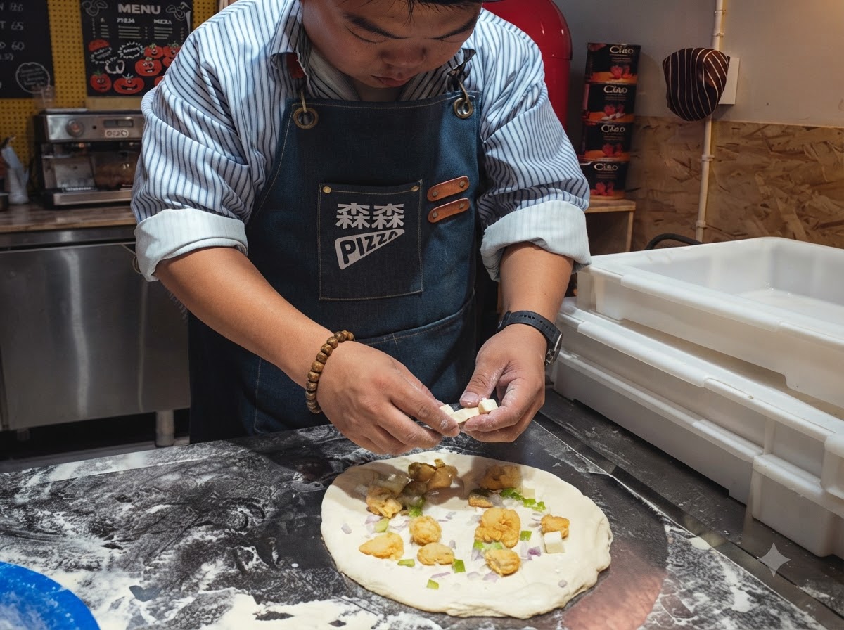 Hands placing small white mozzarella cheese cubes across the top of the pizza.