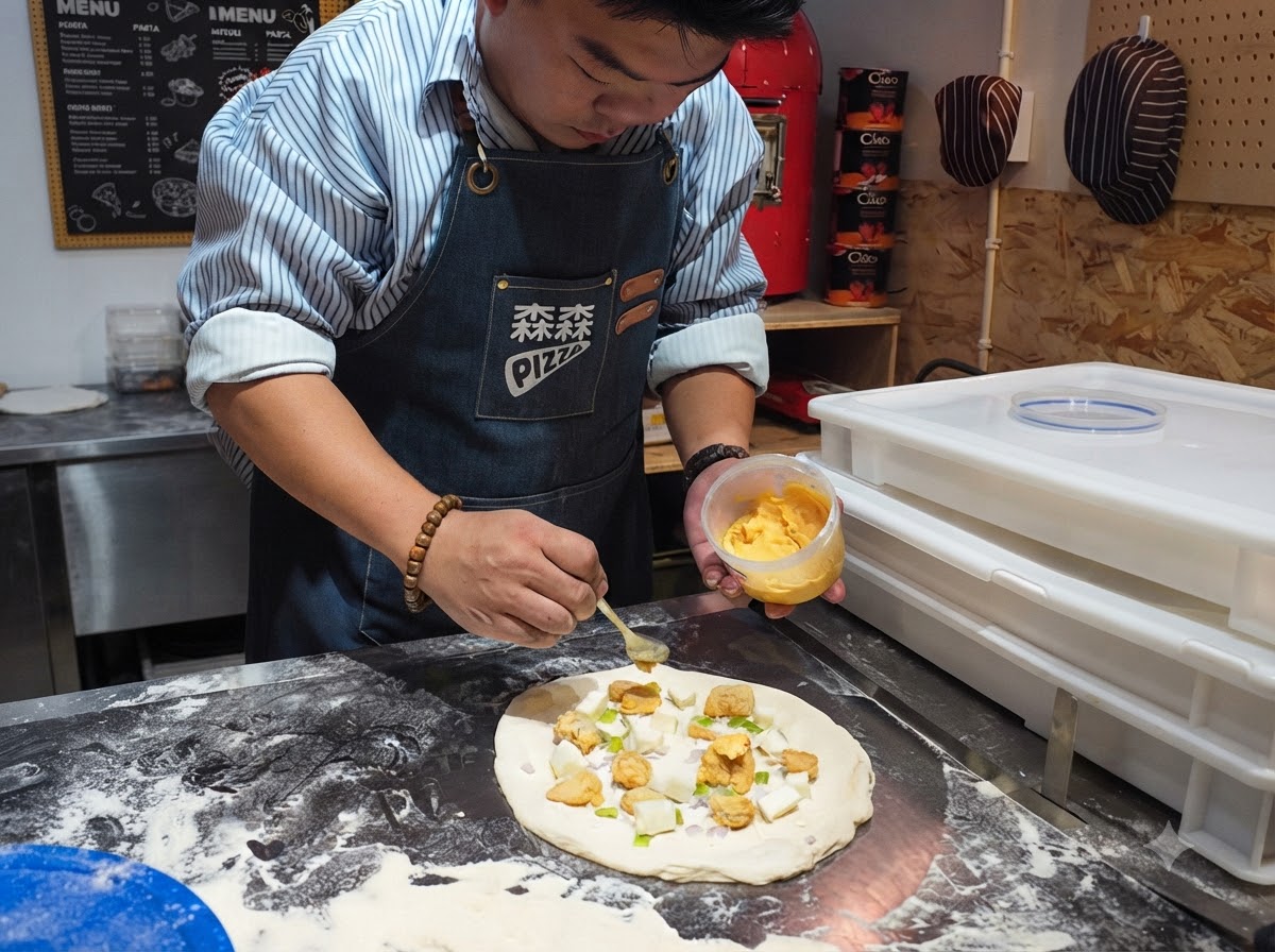 A spoon scooping and spreading bright yellow egg yolk sauce over the layered pizza toppings.