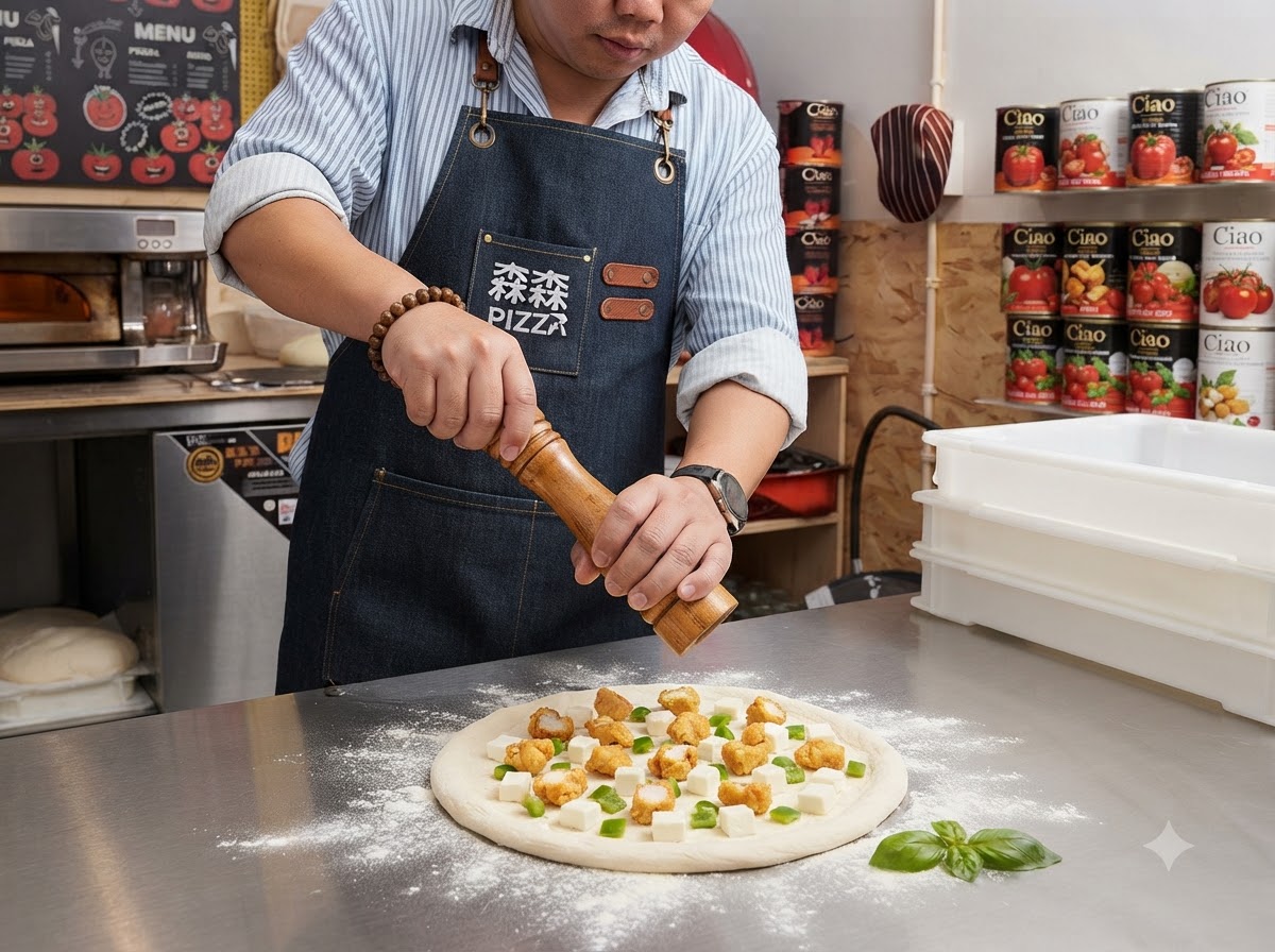 A hand twisting a wooden pepper grinder over the assembled pizza to add a layer of black pepper.
