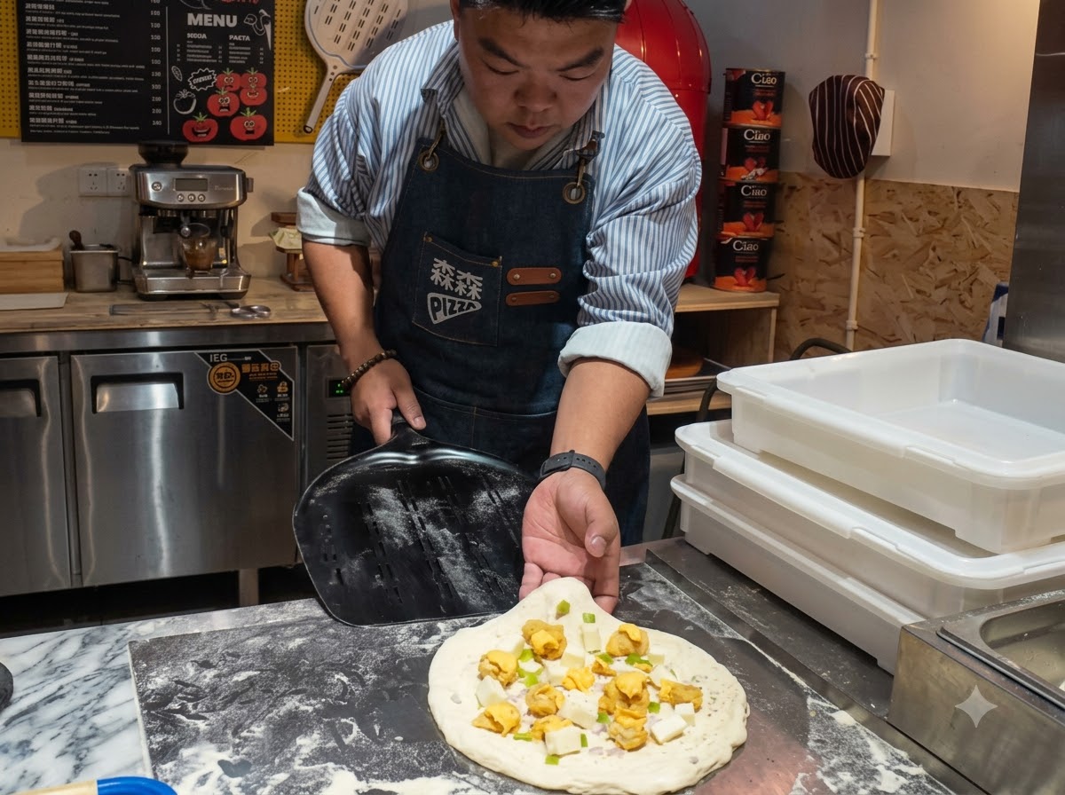 An assembled pizza resting on a black pizza peel dusted with flour, ready for shaping.