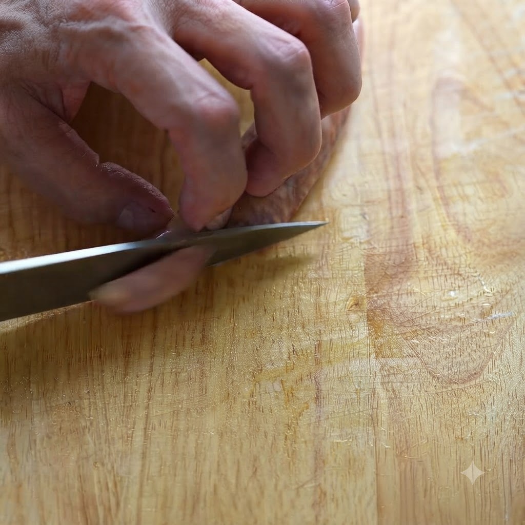 A kitchen knife slicing a Taiwanese sausage on a wooden cutting board into clean pieces.