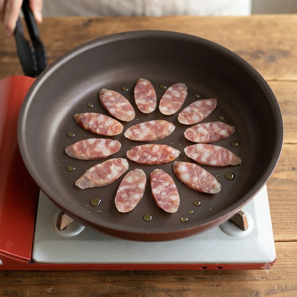 Sausage slices arranged in a circular pattern in a frying pan with drops of oil.