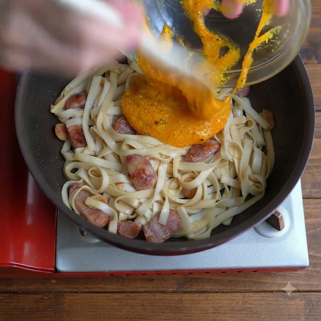 Thick golden egg and cheese sauce being poured from a glass bowl into a frying pan filled with wide noodles and sliced sausage.