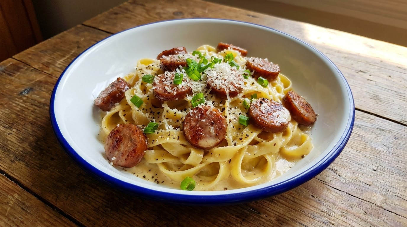 Taiwanese Sausage Carbonara Noodles
