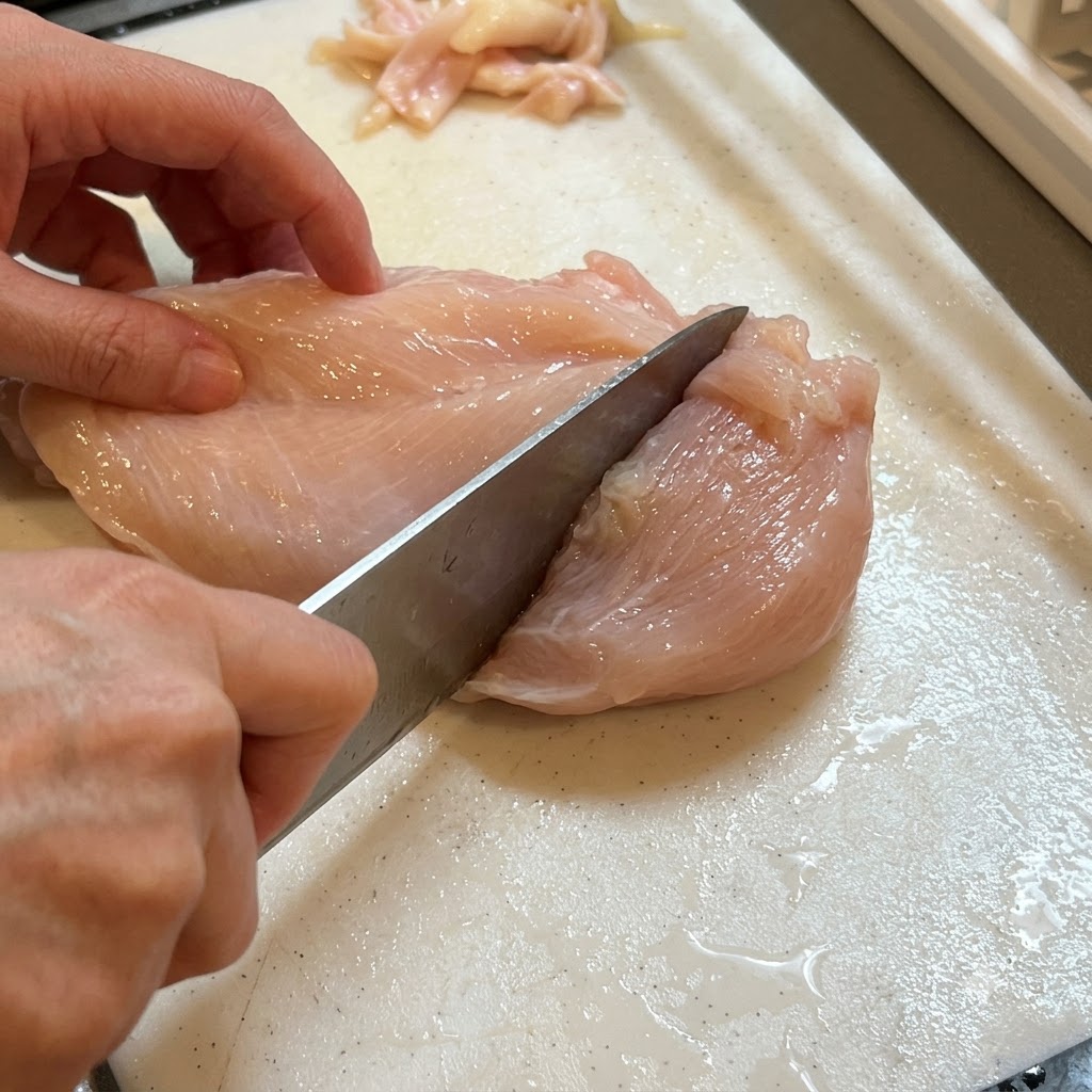 A knife poking holes into a raw chicken breast placed on a cutting board.