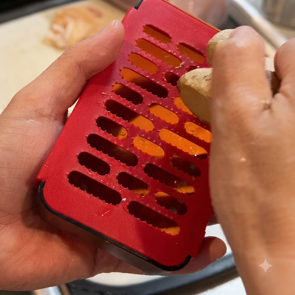 A piece of ginger being grated on a red grater into a container.