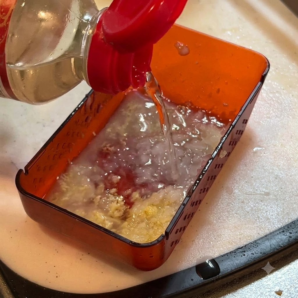 Liquid seasoning being poured from a bottle into a container with grated ginger and onion.