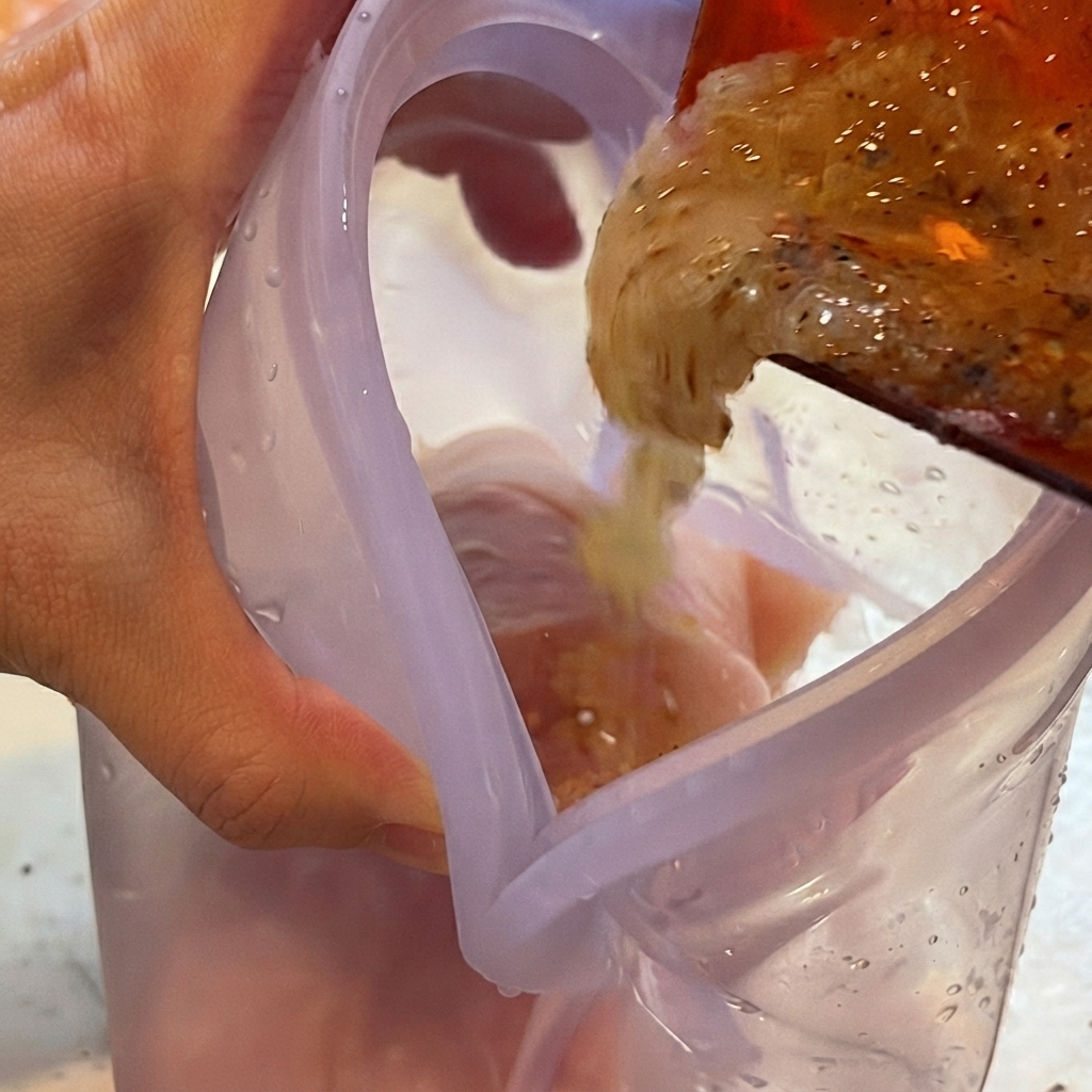 Marinade being poured from a red container into a purple bag containing raw chicken.