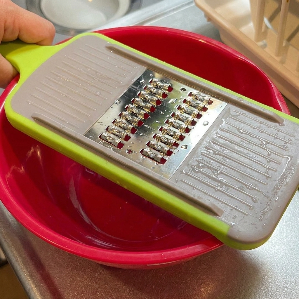 Shredding a cucumber into fine strips using a green grater placed over a large red bowl.
