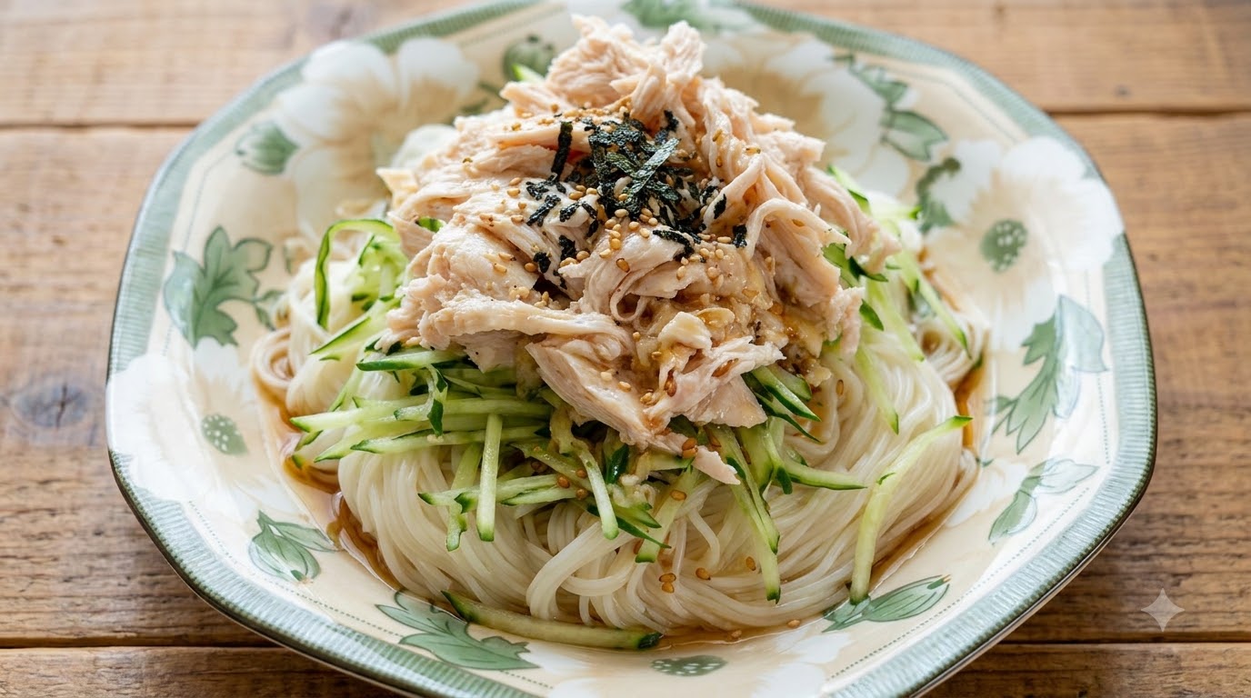 A ceramic plate of Japanese cold somen noodles topped with crisp cucumber shreds, tender shredded chicken, sesame, and nori