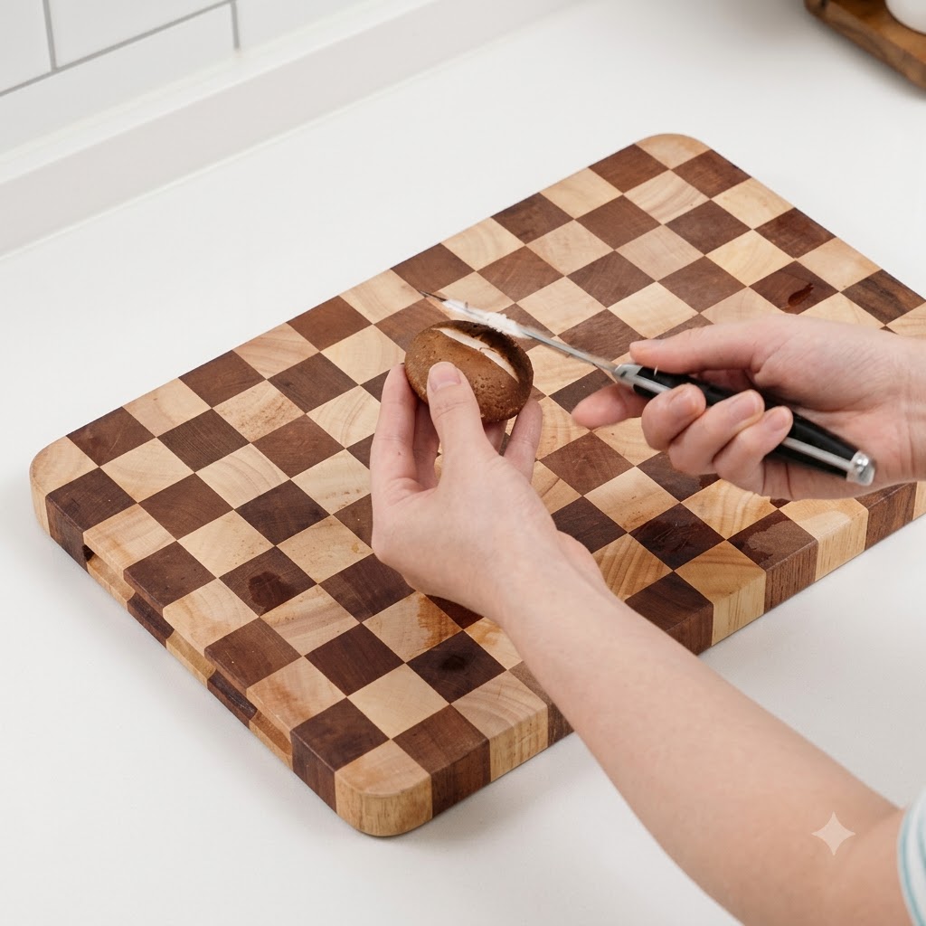 A pair of hands carving a decorative cross into the top of a brown shiitake mushroom on a cutting board.