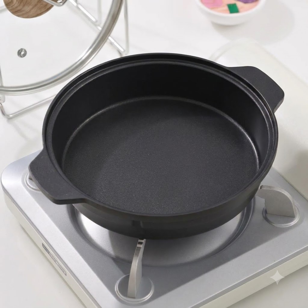 An empty black cooking pan set on a portable gas burner with a pot lid holder in the background.
