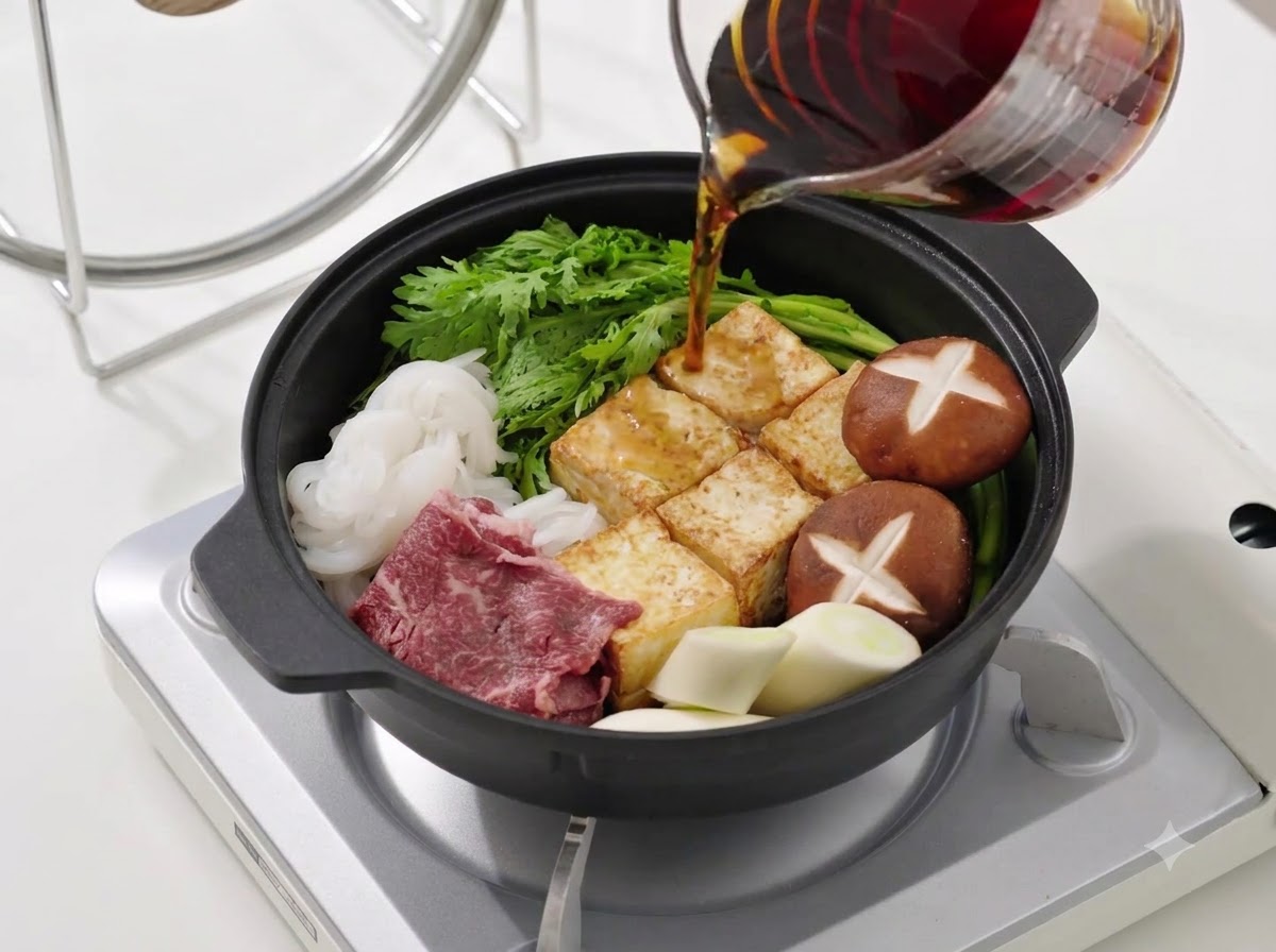 Dark brown sukiyaki sauce being poured from a glass measuring cup into a pan filled with arranged vegetables, tofu, and beef.
