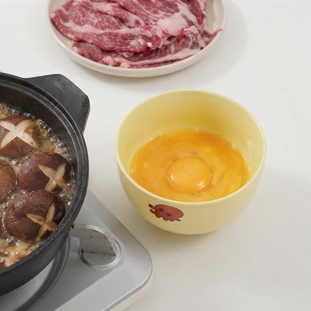A raw egg cracked inside a yellow bowl next to a simmering pot of mushrooms, being beaten with chopsticks.