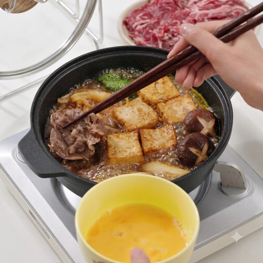 Chopsticks holding a piece of cooked beef over a simmering pot containing tofu and mushrooms, with a bowl of beaten egg below.