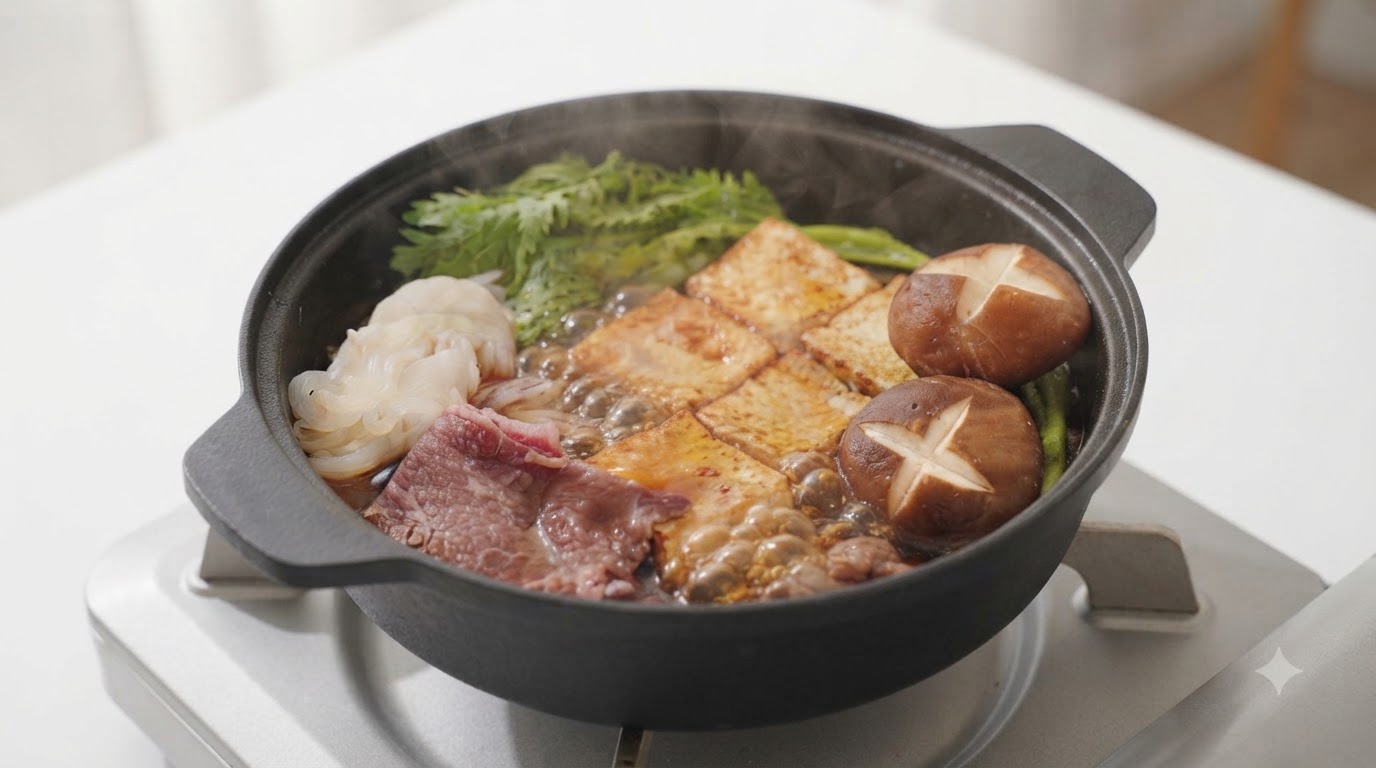 A simmering pot of Japanese sukiyaki filled with tender beef, seared tofu, shiitake mushrooms, and fresh greens.