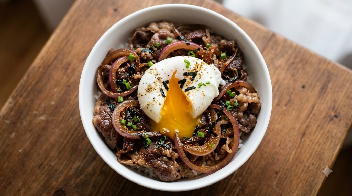 Savory Sukiyaki Sauce Beef Rice Bowl (Gyudon)