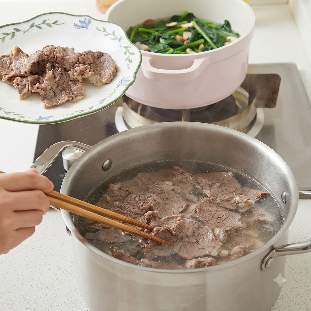 Cooked beef slices being lifted out of a pot with chopsticks and placed onto a decorative plate.