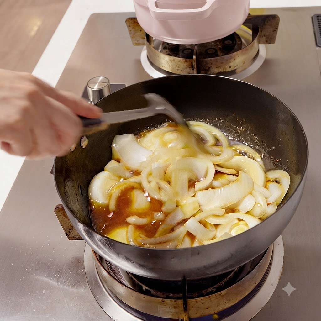 Liquid seasoning and sauce being poured over sliced onions in a black wok.