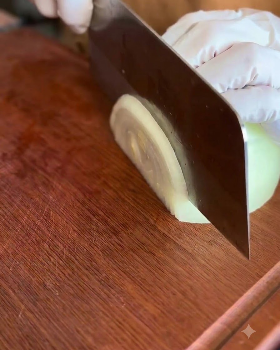 An onion half being sliced into thin strips with a knife on a wooden cutting board.